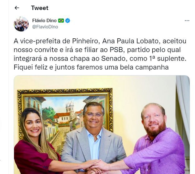 Dino anuncia a vice-prefeita de Pinheiro como sua primeira suplente…