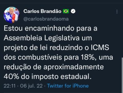 Brandão anuncia projeto para reduzir ICMS dos combustíveis a 18% no Maranhão…
