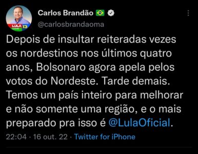 “Bolsonaro apela pelos votos do Nordeste”, declara Brandão…