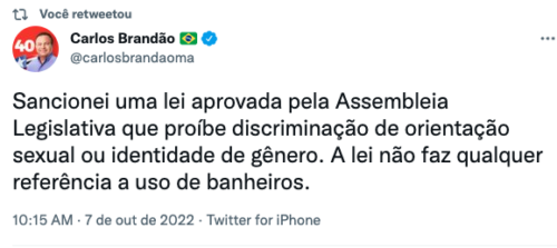 Brandão confirma: lei contra discriminação sexual não trata de banheiros…
