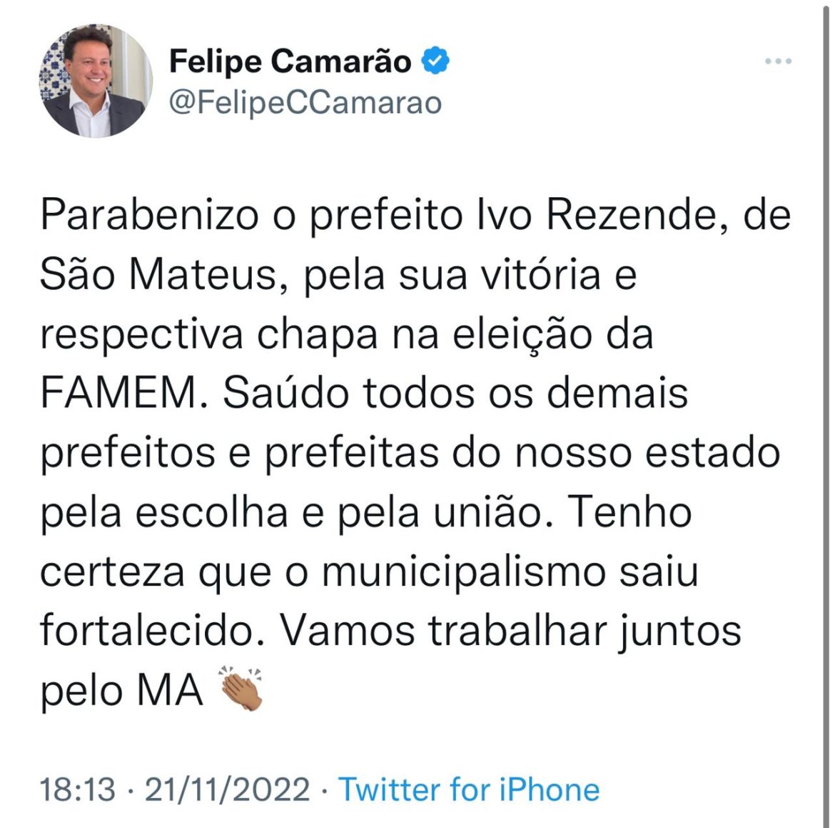 Felipe Camarão, usou as redes sociais para parabenizar o novo presidente eleito da FAMEM…