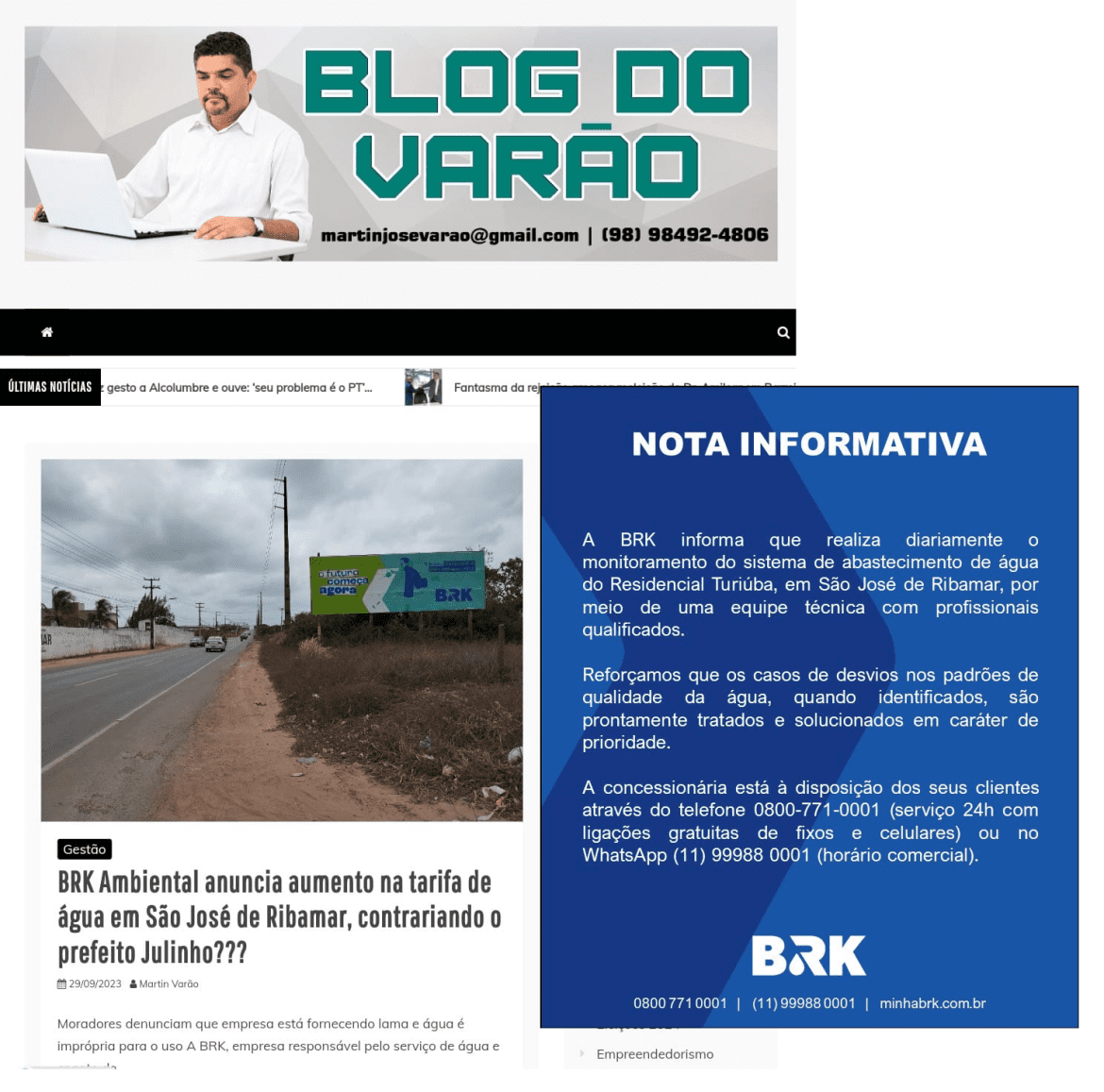 BRK Ambiental envia nota ao blog, esclarecendo qualidade de serviços cobrados pela população de São José de Ribamar…