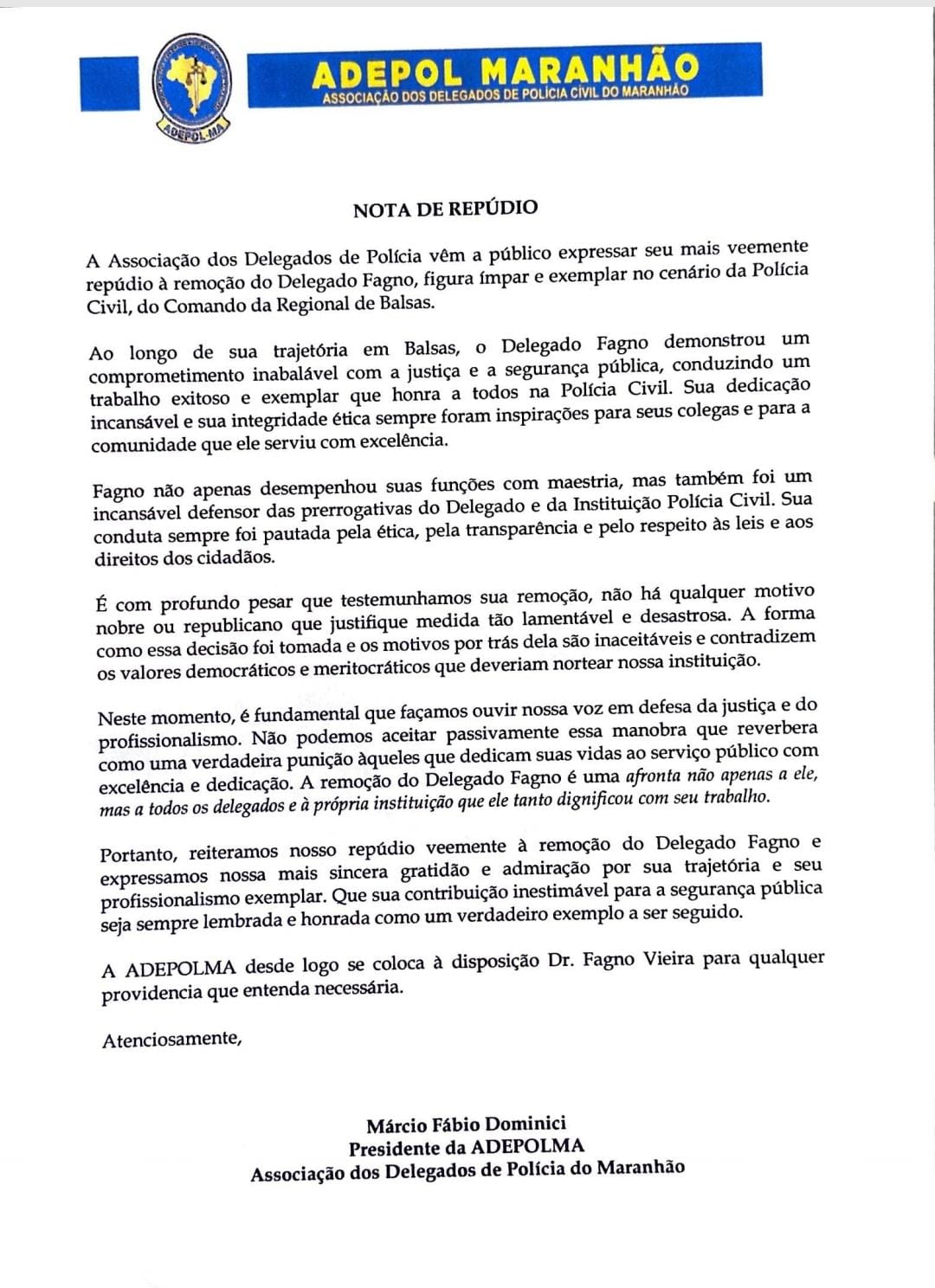 Nota de Repúdio – Adepol se pronuncia sobre a remoção de delegado da Regional de Balsas…