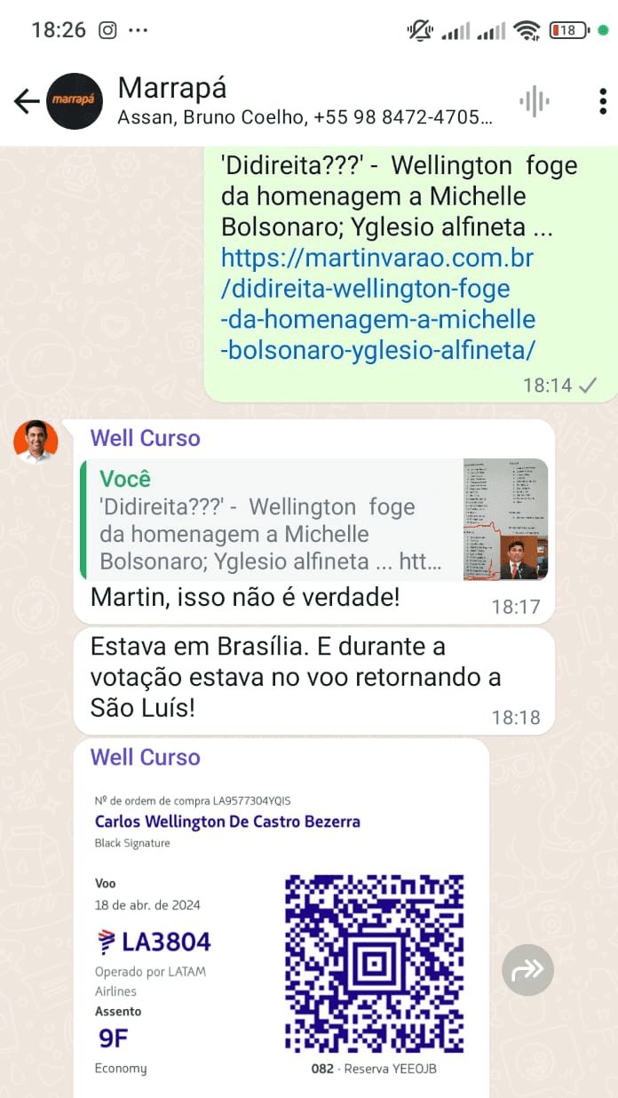 Mesmo sendo um dos parlamentares mais presentes da AL, Wellington justifica que estava voando na hora da homenagem a Michele Bolsonaro…