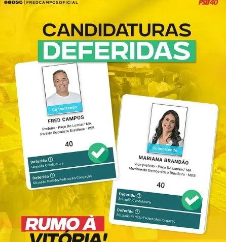 Justiça Eleitoral defere candidaturas de Fred Campos e Mariana Brandão em Paço do Lumiar…