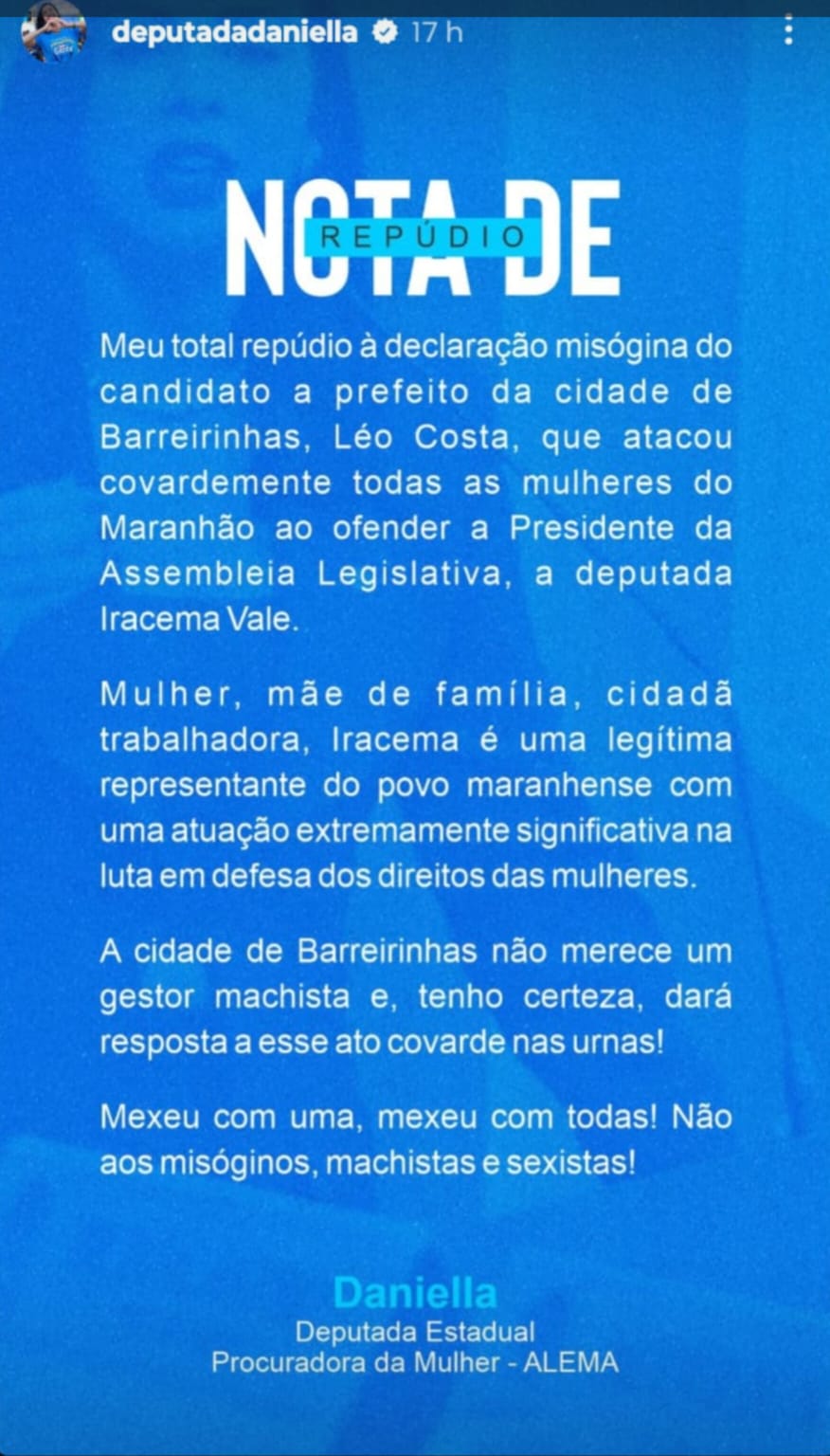 Daniella e Abigail Cunha repudiam ataque de Léo Costa à Iracema Vale…