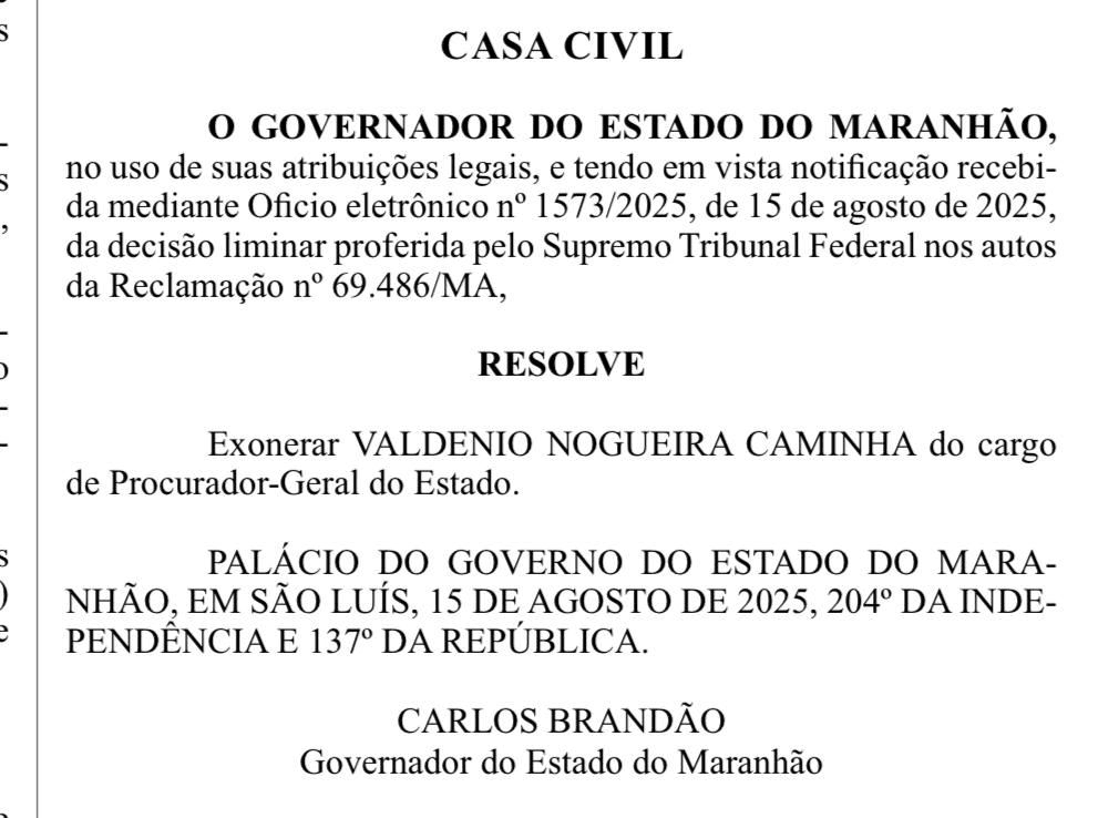 Brandão cumpre decisão de Moraes e exonera procurador-geral…