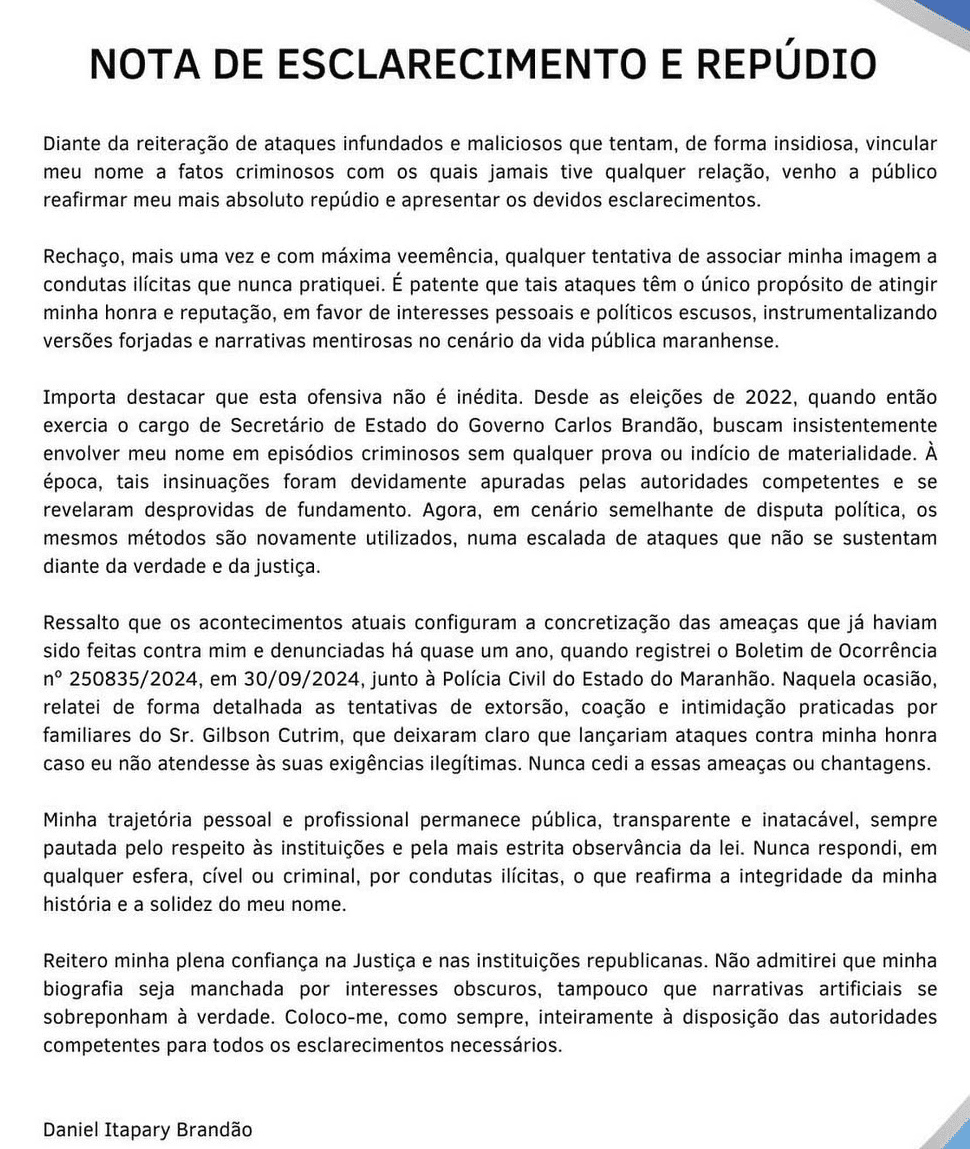 Daniel Brandão divulga nota de repúdio a ataques e denúncias no caso ‘Gilbson Cutrim/João Bosco’…
