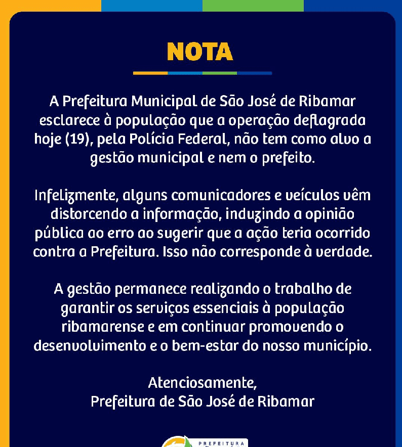 Em nota, Prefeitura  de Ribamar esclarece à população que a operação deflagrada hoje (19), pela PF não tem como alvo a gestão municipal e nem o prefeito…