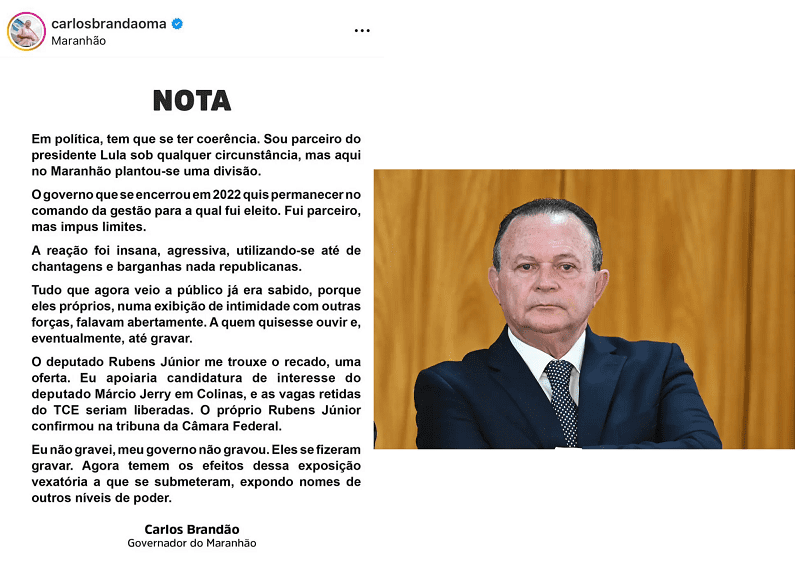 “Eu não gravei, meu governo não gravou. Eles se fizeram gravar”, diz Brandão
