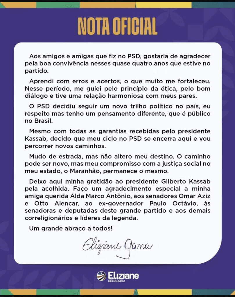 Em nota, Eliziane confirma saída do PSD; destino é o PT…